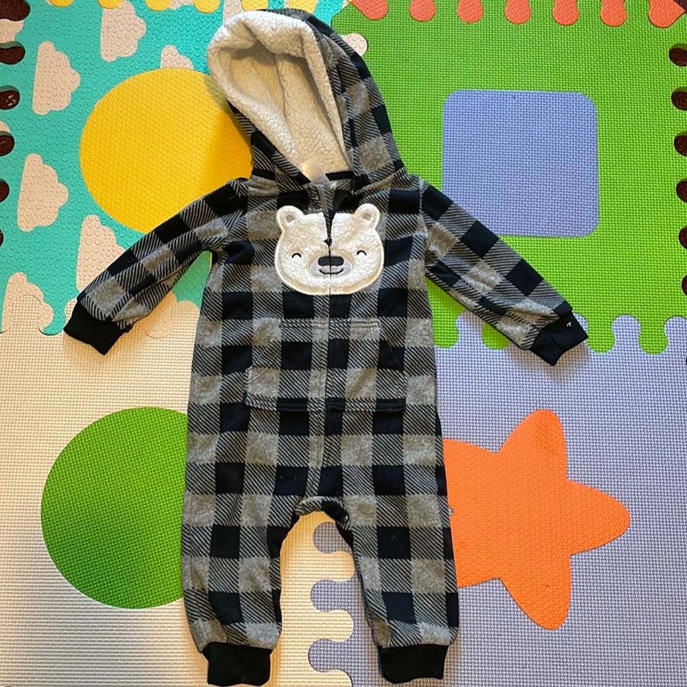 Plaid bear hooded jumpsuit